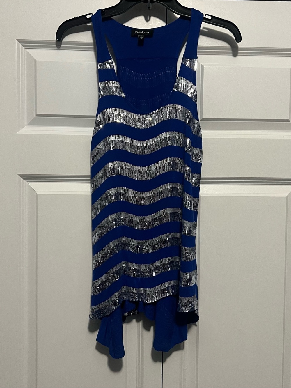 Bebe Royal Blue & Silver Sequin Striped Racerback Top
